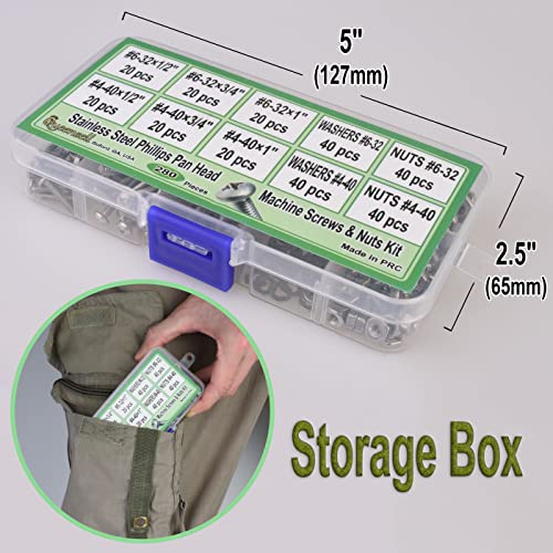 4-40 and 6-32 Machine Screws, Nuts and Washer 280 pcs Pan Head Screw #4-40#6-32 - Screws Nuts and Washers Set with Storage Box Small