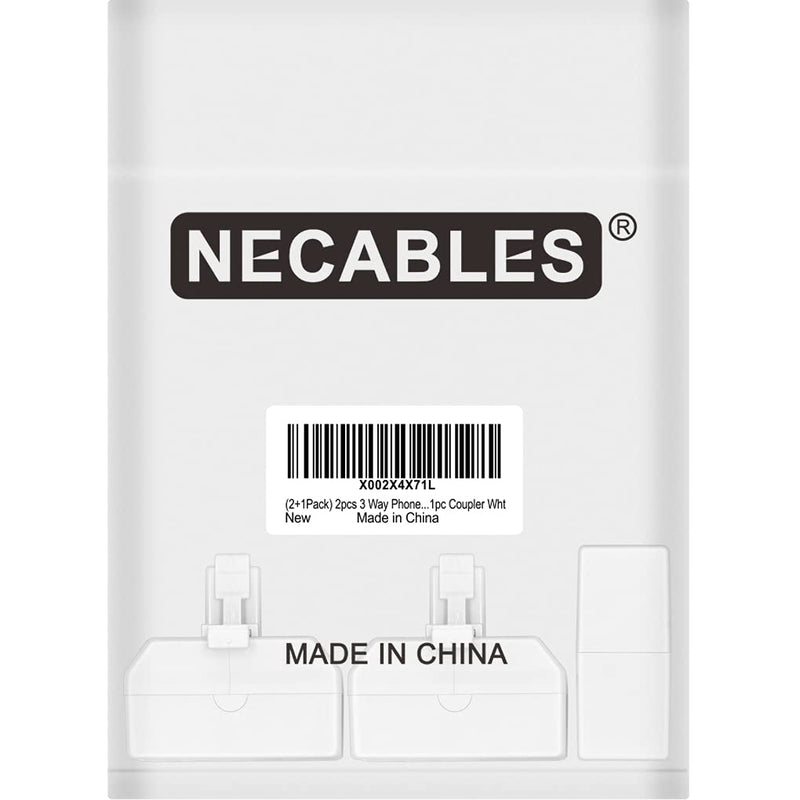 NECABLES 2+1Pack 2pcs 3 Way Phone Jack Splitter RJ11 6P4C 1 Male to 3 Females and 1pc Phone Line Coupler for Landline and Fax White