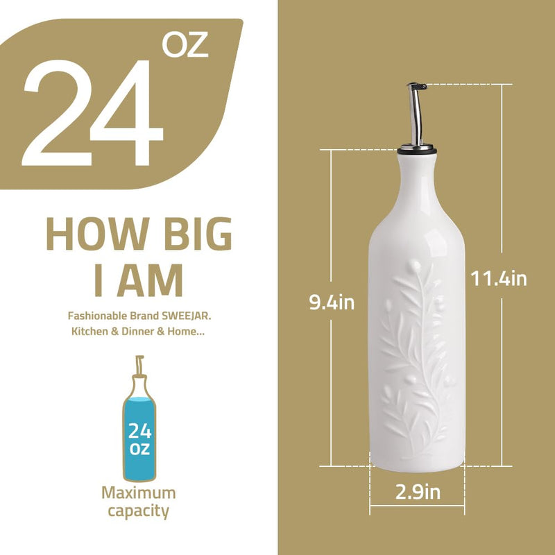 Sweejar Large Olive Oil Dispenser Bottle with Spout, 24 Oz Ceramic Oil Dispenser for Kitchen, Relief Opaque Oil Cruet, Oil Container for Cooking, EVOO, Avocado Oil, Vinegar, Pack of 1 (White) White Patterned styles