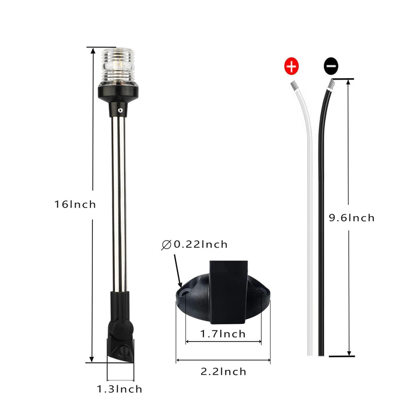 Anchor Light Boat Bimini Light Stern Light Marine Navigation Lights USCG 3 NM All Round White LED Fold Down 10-24 Volt 16 Inches for Pontoon