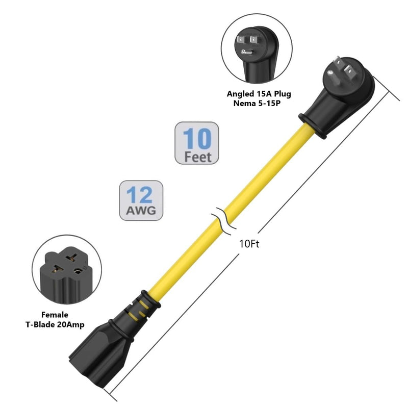 10-Ft 12AWG 90-Degree 15 Amp Household Plug to 20-Amp Extension-Cable,Nema 5-15P to 5-20R,5-15P to 6-15R/20R T Blade 20Amp to 15Amp Right-Angle Heavy Duty Extension-Cord,125V 15A to 20A AC Power Cord