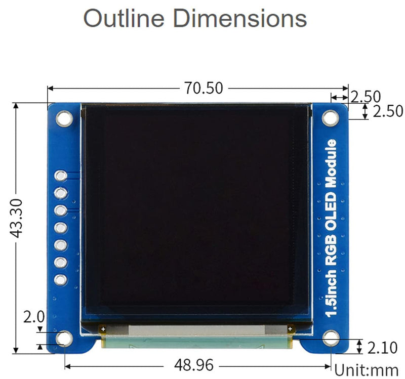 waveshare 1.5inch RGB OLED Display Module 128x128 Pixels 16-bit High Color (65K Colors) with Embedded Controller Communicating via SPI Interface.