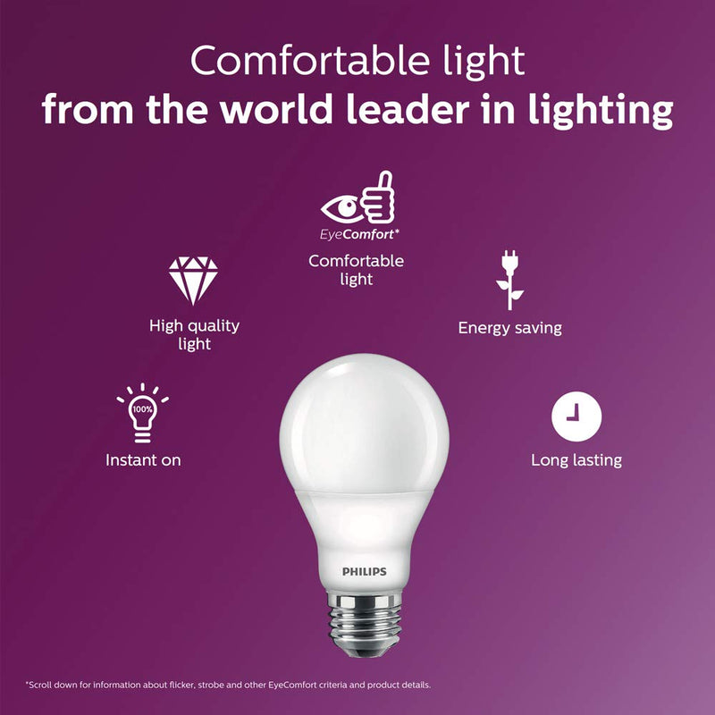 Philips LED 538322 LED Dimmable A19 Soft White Light Bulb with Warm Glow Effect: 800-Lumen, 2700-2200-Kelvin, 9.5-Watt, E26 Base, Frosted, 8-Pack 8 Pack 60-Watt Equivalent