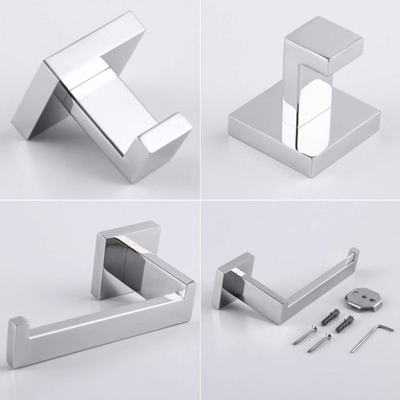 Bathroom Hardware Set 3-Pieces Set Polished Stainless Steel Squear Wall Mounted - Includes Hand Towel Ring, 2X Robe Towel Hooks, Bathroom Accessories Kit
