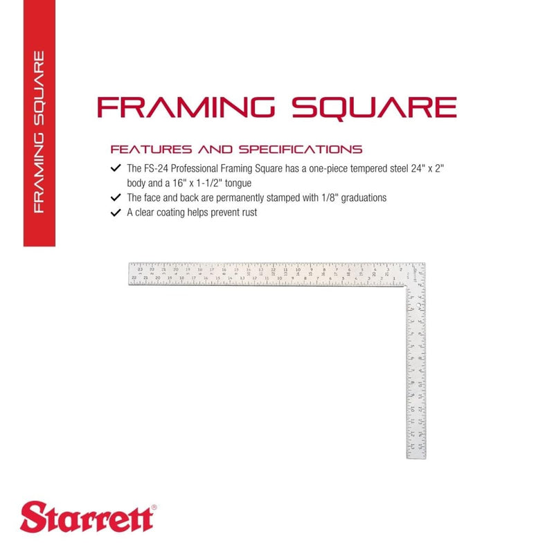 Starrett Professional Framing Square with Clear Coating and Tempered Steel - 1/8" Graduation Stamping, 24" x 2" Body, 16" x 1-1/2" Tongue - FS-24