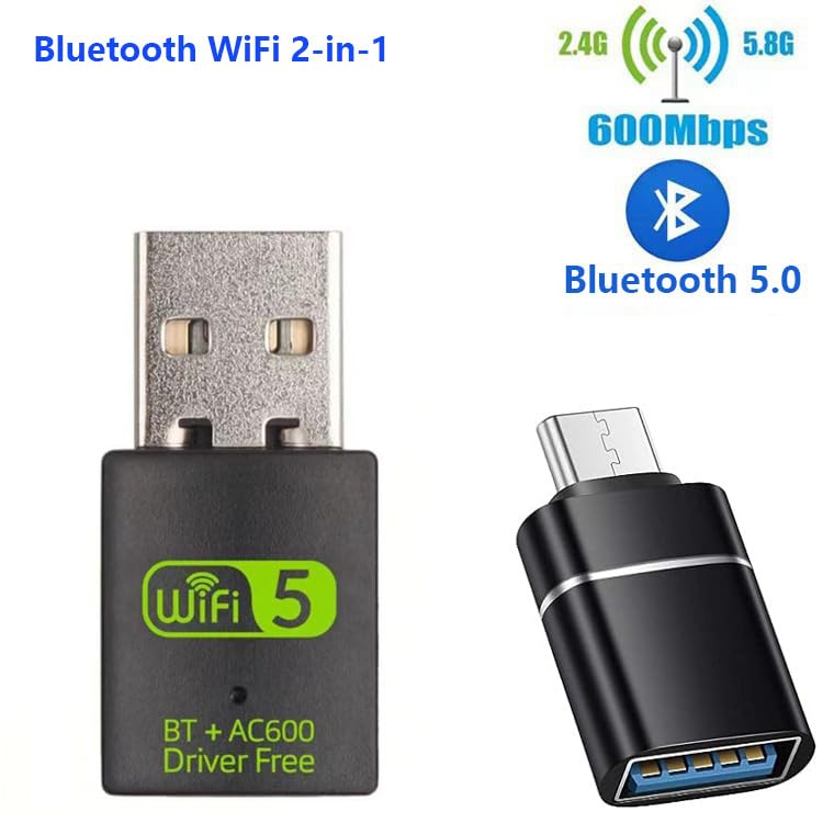 USB WiFi Adapter，600Mbps USB WIFI Bluetooth adapter(includes a USB to USB C adapter)，Dual Band 5G/2.4G Wireless Network Adapter for Desktop Laptop PC，Supports Windows 7/8/8.1/10/XP。