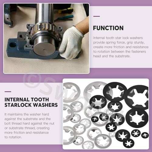 Swpeet 208Pcs 9 Sizes 304 Stainless Steel + Manganese Steel Internal Tooth Lock Washers with Tweezers Kit, M2 M2.5 M3 M4 M5 M6 M8 M10 M12 Spring Push On Locking Nuts Speed Clips Retaining Clips