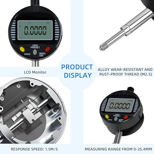 Digital Dial Gauge,with A Range of 25.4mm,Dlectrical Digital Indicator Accuracy of 0.01mm/0.0005 "Metric and Imperial Measure Tool Electronic Dial Gauge for 3D Printing,CNC Machine and Auto Repair 1 in/0.01