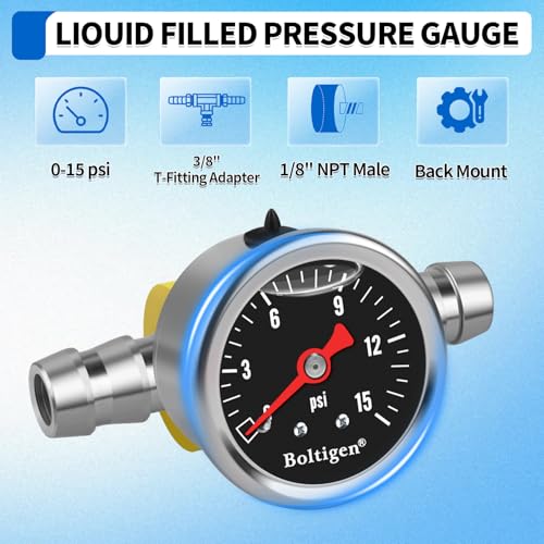 Boltigen Fuel Pressure Gauge, 1/8'' NPT Inline Fuel Pressure Guage Kit with 3/8'' Barb, Stainless Steel, 0-15Psi Glycerin Filled, Center Back Mount (Black) Black