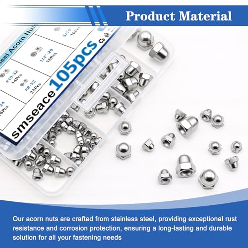 smseace 105Pcs 304 Stainless Steel SAE Acorn Nuts Assortment Kit Silver-105Pcs
