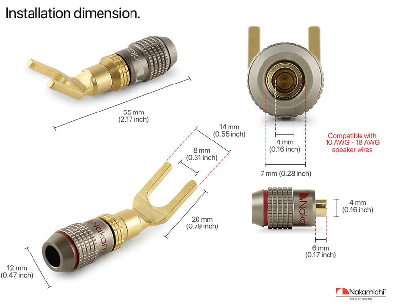 Nakamichi FanLock Excel Series 24k Gold Plated Spade Connector Banana Plug 10 AWG - 18 AWG Gauge Size 4mm for Speakers Amplifier Hi-Fi Home Theatre Wire Cable Quick Connector, 12 Pcs (6-Pairs) 12 Pcs (6-Pairs)