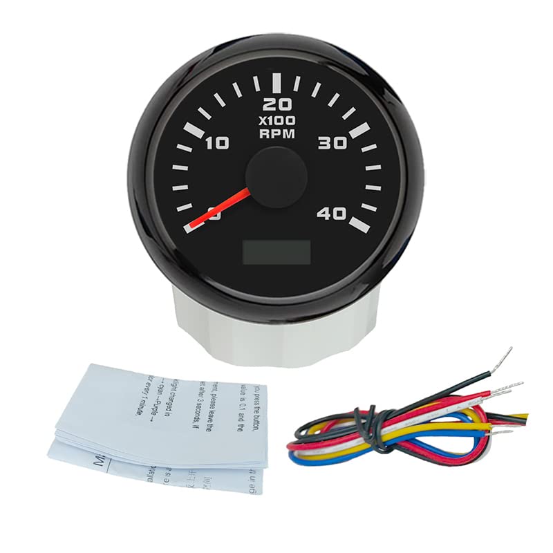ELING 52mm Diesel Engine 4000RPM Tachometer Gauge with Hour Meter 12V 24V with Red Backlight for Truck RV Black+Black 0-4000RPM