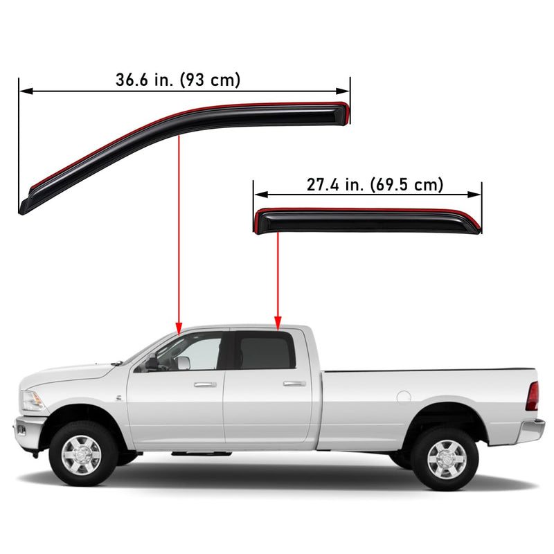 WV194109 Extra Durable In-Channel Wind Deflector Visor Rain Guard, Fit 2009-2018 Dodge Ram 1500 Crew Cab, 2010-2025 Ram 2500 & 3500 Crew & Mega Cab, 2019-2024 Ram 1500 Classic Crew Cab, Smoke, 4-Pcs