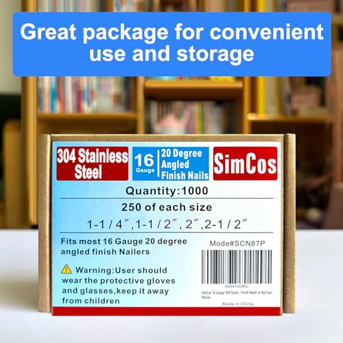 16 Gauge 20 Degree Angled 1-1/4~2-1/2" 304SS Finish Nails, 1000 Pack