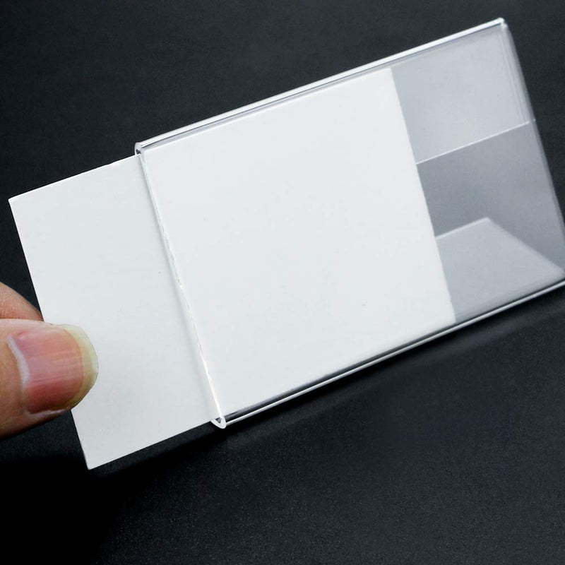 BILLIOTEAM 50pack Mini Clear Sign Display Holder with Blank Labels,3.2*2.2 Inch Horizontal Slanted L-Shape Plastic Name Card Price Card Tag Label Counter Top Stand 3.2*2.2 IN L