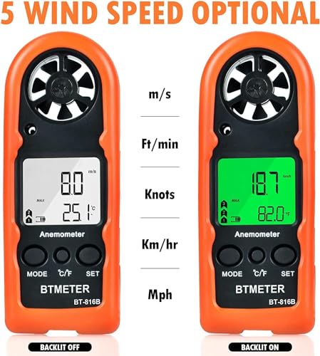 BTMETER Anemometer Handheld Wind Speed Meter BT-816B (Range: 0.2–67 MPH) Orange