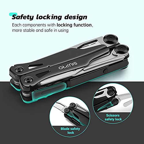 SIUPRO Multitool Pocket Knife for Men Women, Tactical Multi-Tool Pliers, Scissors with Clip, Nylon Sheath, All Safety Locking, Multipurpose Camping Survival Gear, Gifts Ideas Teal Black