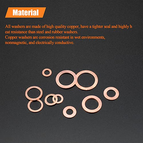 220 Pieces Copper Washers, HELIFOUNER 10 Sizes Copper Metric Sealing Washers, Flat Washers Assortment Kit (M5 M6 M8 M10 M12 M14 M16)