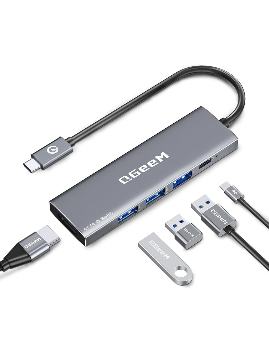 QGeeM USB C Hub 5 in 1 Multi-Port Digital AV Adapter 4K HDMI, 100W Power Delivery, 3 USB-A Data Ports, USB C Dongle for MacBook Pro/Air, iPad Pro, iMac, iPhone 15 Pro/Pro Max, XPS, Thinkpad and More.