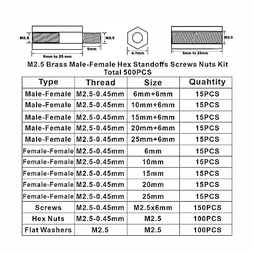 500PCS M2.5 Brass Male-Female Hex Standoffs Spacers Screws Nuts Flat Washers Assortment Kit;Female Lengths:6mm to 25mm