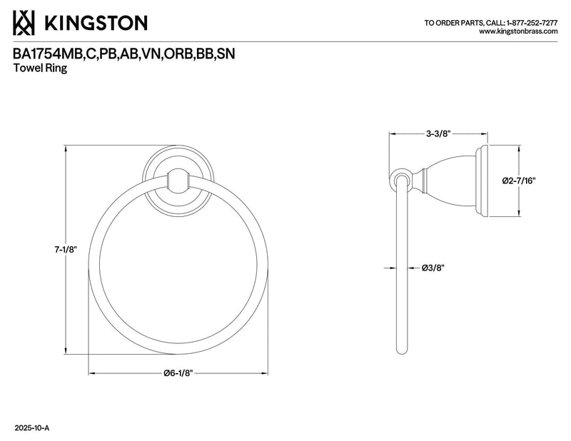 Kingston Brass BA1754BB Heritage 6-Inch Towel-Ring, Brushed Brass 7.13 x 6.13 x 3.38