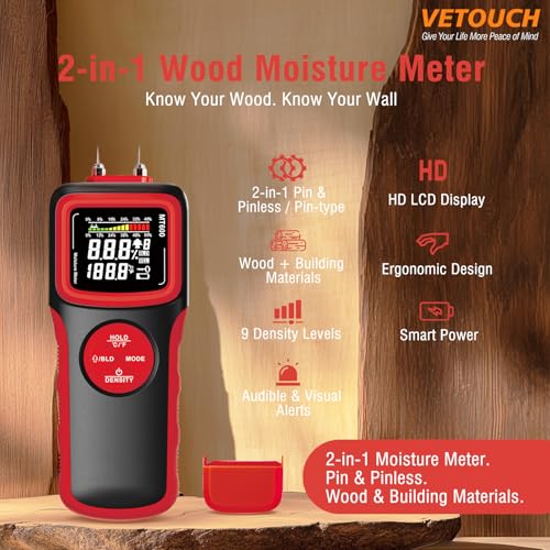 2 in 1 Pin & Pinless Wood Moisture Meter, Digital Moisture Detector with LCD Display & Alarm, Temperature Humidity Tester for Wood, Building Materials, Firewood, Walls, Floors, Home Renovation