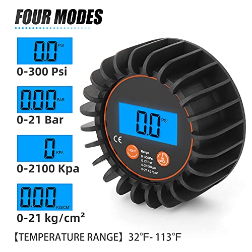 MEANLIN MEASURE 0-300psi Pressure Gauge with 1/8'' NPT Back Connector and Rubber Protector,LED Digital Display,Accuracy 1% .F.S. 0 - 300 PSI Back Mount