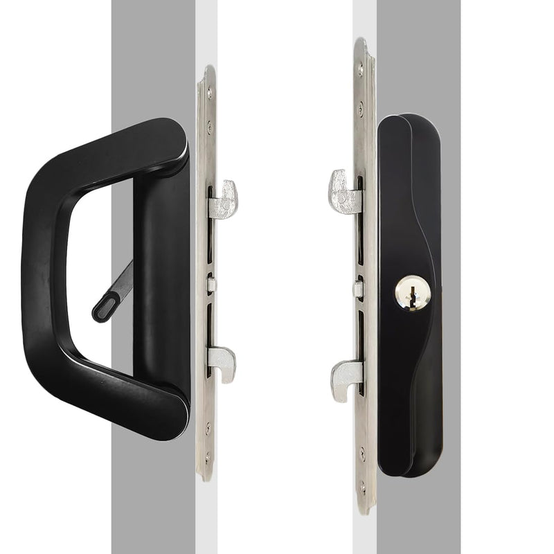 Sliding Patio Door Handle with Mortise Lock and Keys, Key Cylinder and Keeper, 4-15/16" Hole Spacing, Reversible Design(Non-Handed), 4 15/16 Glass Door Replacement Handle Lock, Need to Drill (Black) Black
