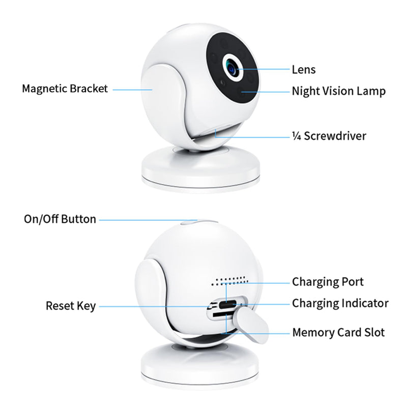 Mini Camera Wireless Indoor Magnetic, 170° Wide Angle Motion Detection IR Night Vision Quad Screen Surveillance Magnetic Bracket Suitable for Pet/Baby/Nanny Monitor