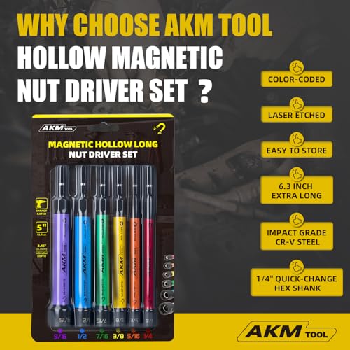 6 PCS Hollow Nut Driver Set, Magnetic nut driver set, Hollow Shaft Nut Driver Set, SAE, Color Coded, Hex Sizes, 1/4 to 9/16-Inch, Nut Setter, Hollow Nut Driver with 5-Inch Extended Reach 6 PCS Hollow Magnetic Nut Driver Set