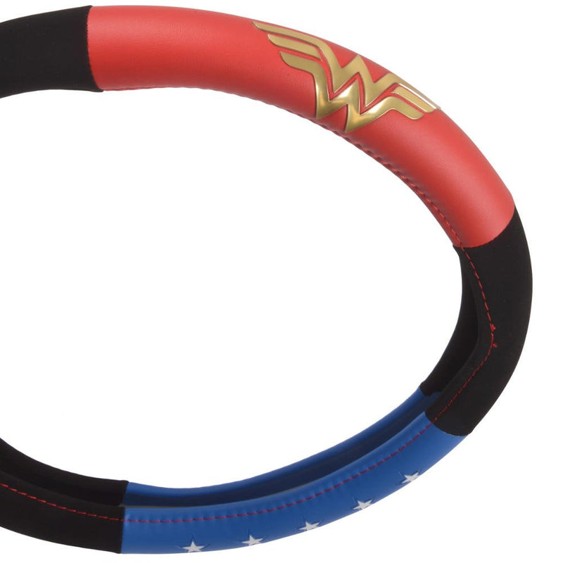 BDK Warner Bros DC Comics Wonder Woman Steering Wheel Cover - Car Accessories for Women, Superhero Heroine Gift Ideas, Original Red White Blue WonderWoman Logo, Universal Standard Fit 14.5-15.5 Inches Wonder Woman - Three tone