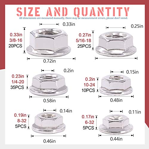 Hilitchi 100Pcs 304 Stainless Steel Serrated Flange SAE Hex Lock Nuts 1/4-20 5/16-18 3/8-16 10-24 8-32 6-32 Bright Finish Hex Flange Nuts Assortment Kit 100Pcs SAE Hex Flange Nuts