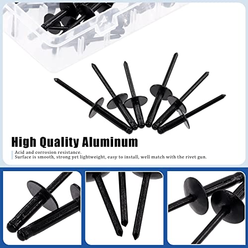 Glarks 75Pcs 3/16" x 5/8" / 13/16" / 1" Black Large Flange Blind Rivets Pop Rivets Assortment Set for Joining Metal Plate Pipe Automotive