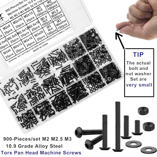 900PCS Torx Button Head Screws, M2 M2.5 M3 Bolts and Nuts Washers Set, Star Drive Round Head Machine Screws 10.9 Grade Alloy Steel Black, Small Torx Bolts Fully Threaded with T6 T8 T10 Wrench