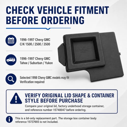 Underhood Tool Storage Box Lid Compatible with 1996-1997 Chevrolet and GMC C/K 1500 2500 3500, Tahoe, Suburban and Yukon, Tool Stowage Container Cover Replaces 15740047, Black, Lid Only