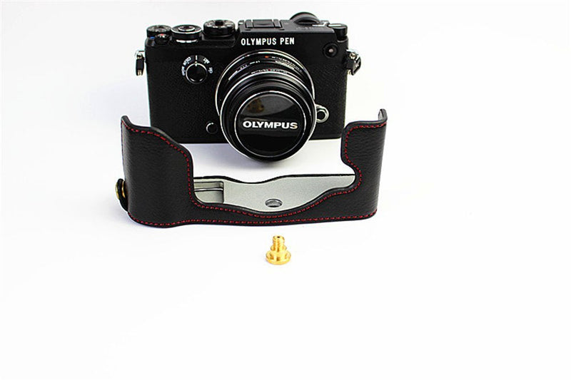 PEN-F Case, BolinUS Handmade Genuine Real Leather Half Camera Case Bag Cover for Olympus PEN-F Bottom Opening Version + Hand Strap - Black