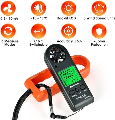 BTMETER Anemometer Handheld Wind Speed Meter BT-816B (Range: 0.2–67 MPH) Orange