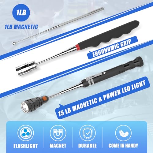 5 PCS Magnetic Pickup Tool Set, 1lb & 15lb Pick Up Rod, Magnetic Flashlight Pickup Tool, Round and Square 360 Swivel Adjustable Inspection Mirror, Mens Gifts for Him, Birthday Gifts for Men Women Dad 5Pcs Tools Set