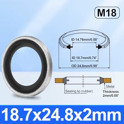 M18 Bonded Sealing Washers, 18.7x24.8x2mm Carbon Steel NBR Gasket, Pack of 50 M18