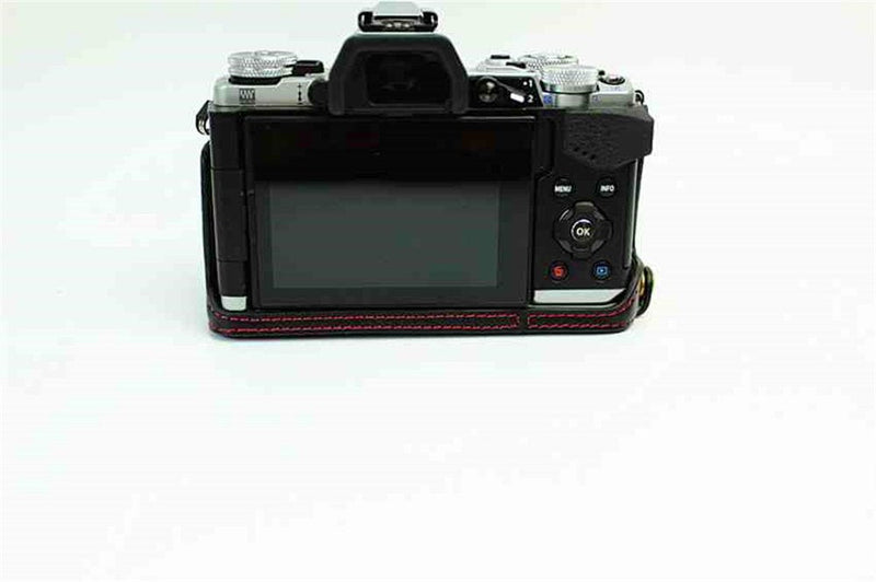 E-M5 Mark II Case, BolinUS Handmade Genuine Real Leather Half Camera Case Bag Cover for Olympus OM-D E-M5 Mark II Bottom Opening Version with a Free Genuine Real Leather Hand Strap - Black