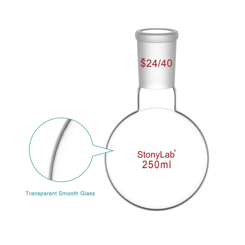 StonyLab Glass 250ml Short Neck Round Bottom Flask, Borosilicate Glass Single Neck Heavy Wall Flask RBF with 24/40 Standard Taper Outer Joint - 250ml 250 ml