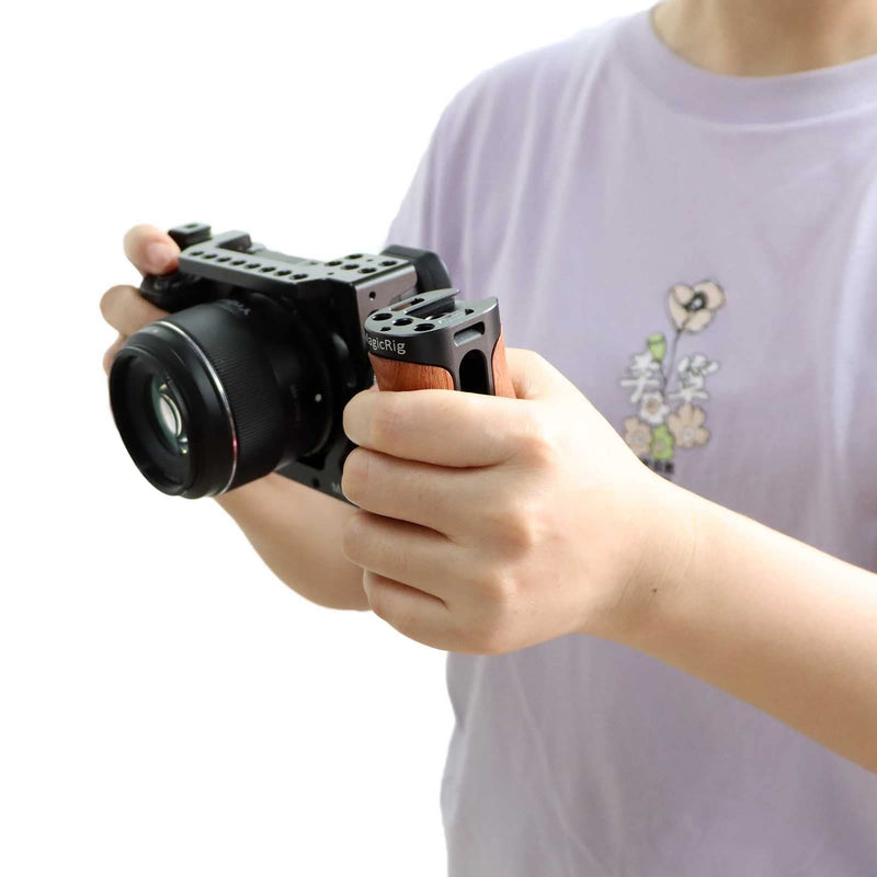 Side Handle Wooden Handgrip with Two 1/4"-20 Screws for DSLR Camera Vlog Camera Cage, Portable Mini Handle for Left/Right Hand with Cold Shoe 1/4" 3/8" ARRI Thread, Up and Down Adjustable 1/4"-20 Screw