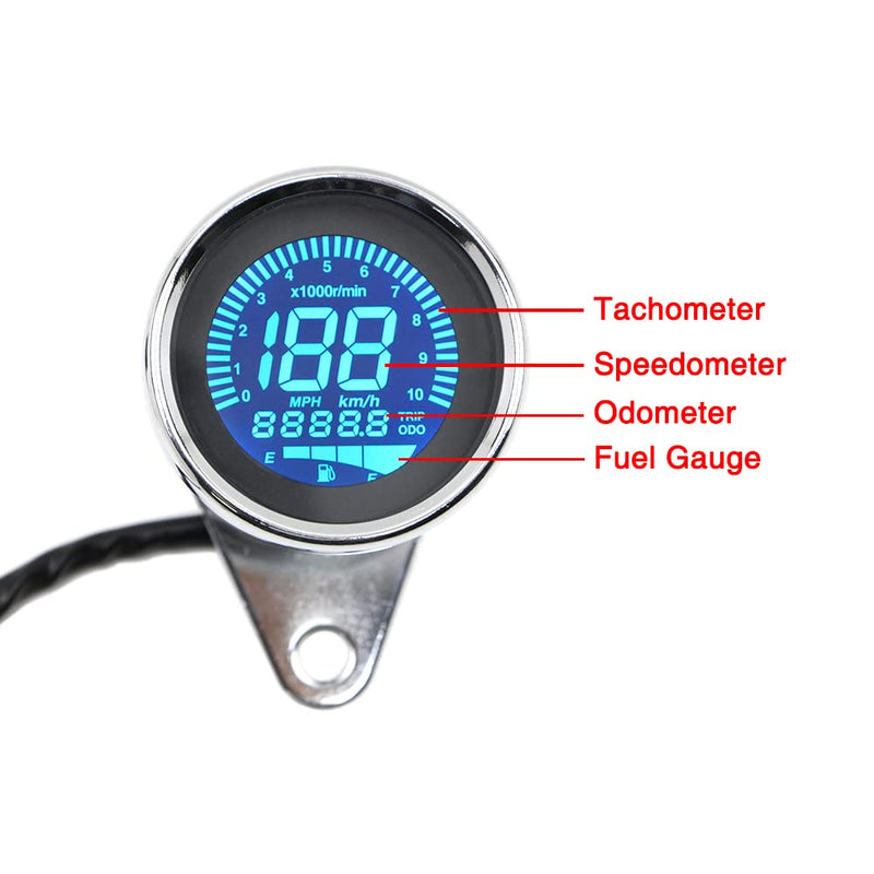 Dreamseek Universal Motorcycle Digital Gauge Speedometer Tachometer Fuel Speed Odometer Oil Level Meter, 4 in 1 Multifunction Motorbike Modification Kit Waterproof w/ 7 Colors LCD Background (Chrome) Chrome