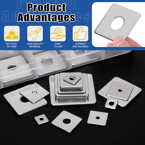 Glarks 100pcs M3 M4 M5 M6 M8 M10 M14 Square Washers Assortment Set, 15 Sizes 304 Stainless Steel Square Plate Washers with Round Hole, Rectangular Washers, Square Washers Plate for Hardware Fixing