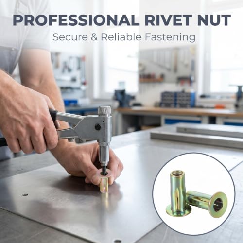 50 Pcs Multi Grip Rivet Nut Tool Kit 5/16 Rivet Nut Stainless Steel Pre Bulbed Shank Zinc Plated Flat Head Threaded Insert Nuts for Automotive Furniture
