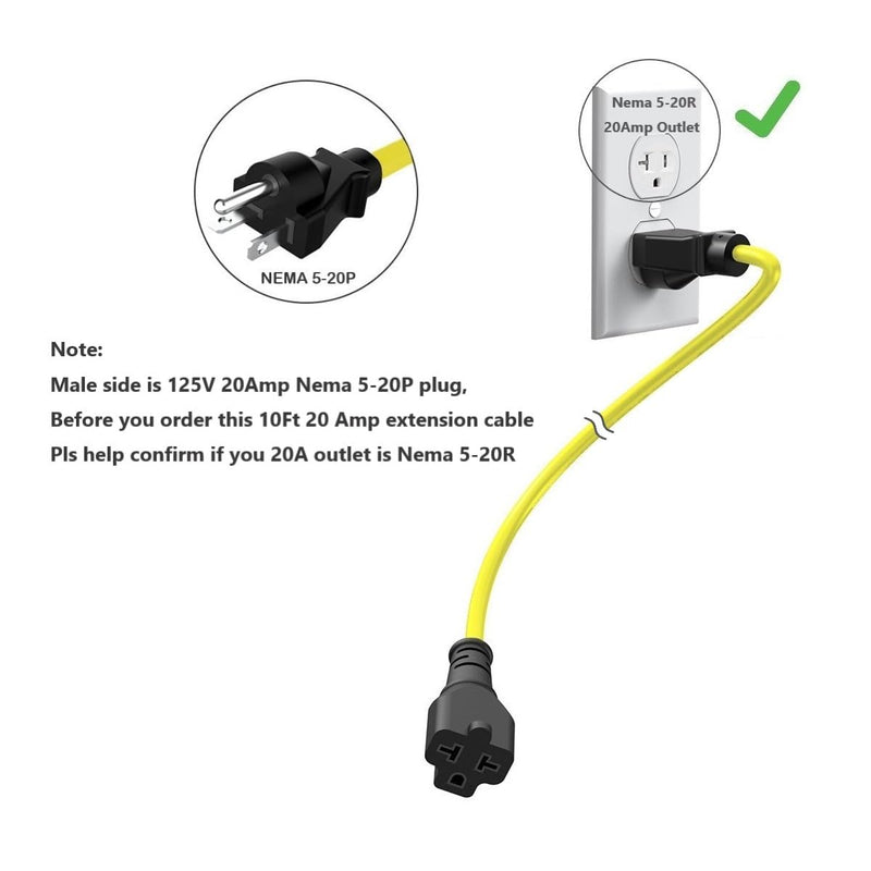 10-Ft Nema 5-20P Extension Cord 12AWG Nema 5-20 Heavy Duty Extension Cord 20Amp 125V Plug to 5-20R, 5-15R, 6-15R, 6-20R (4 in 1) Female T Blade 20-AMP Cable, 20A 125V Plug AC Power Cable