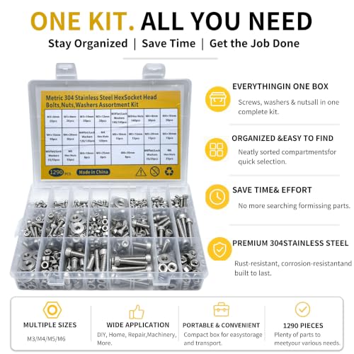 1290PCS M3 M4 M5 M6 Screws Assortment Kit 304 Stainless Steel Silver-1290PCS M3-M6 Socket Head