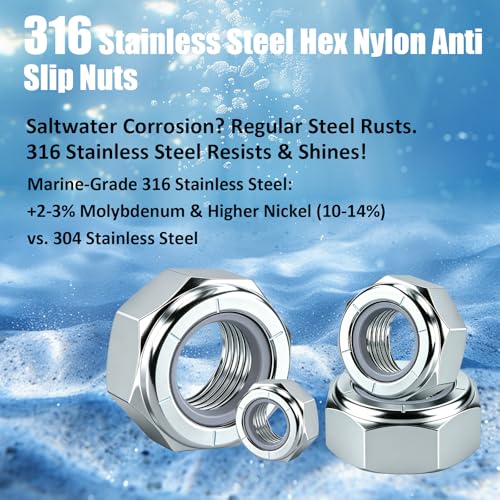 50Pcs 316 Stainless Steel Nylon Insert Lock Nuts Assortment Kit-4 Sizes 50 4Size