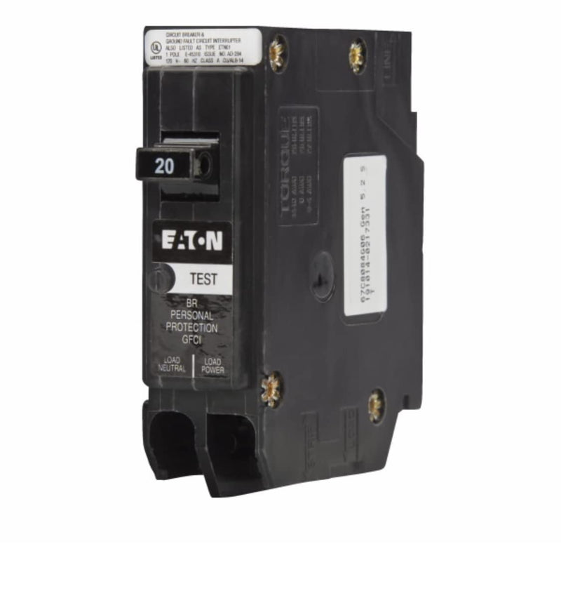 Eaton BRP120GF Breaker, 20A, 1P, 120V, 10 kAIC, Type BR Ground Fault