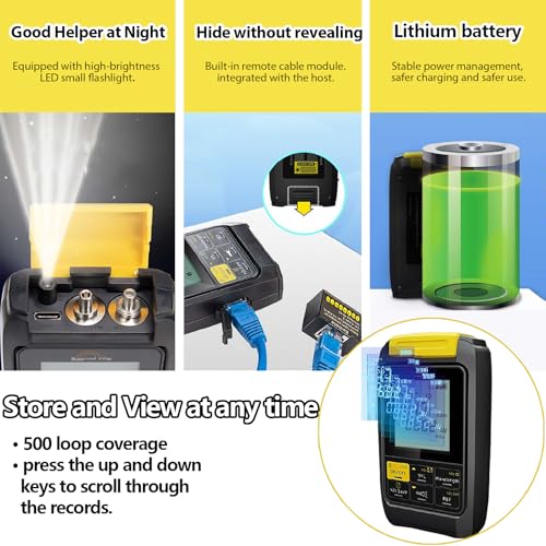 6 in 1 Fiber Optic Tester with Optical Power Meter,-50~+30dBm,VFL Function & RJ45 Cable Test, 850–1625nm Multi-Wavelength, Type-C Rechargeable, 500 Data Storage, Backlight Display, Handheld Tool Yellow